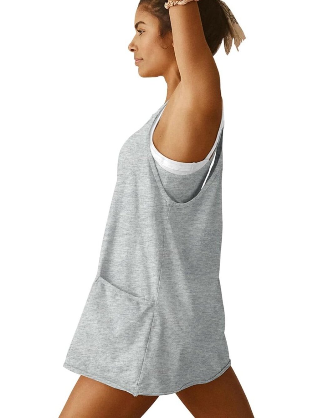Women's Heather Grey Built in Short Crew Neck Spaghetti Straps Mini Romper - Picture 5 of 6